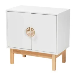 Kamana Two-Tone Wood And Metal 2 Door Storage Cabinet White/Gold/Oak Brown - Baxton Studio