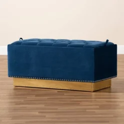 Powell Velvet Fabric Upholstered And PU Leather Ottoman Gold/Blue - Baxton Studio -Urban Dwell Gear Outlet Store GUEST b69f61c9 d729 4bd1 8a70 39f3aa535766