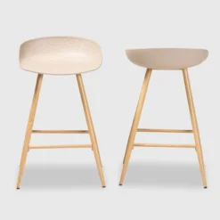 Set Of 2 Mairi Plastic And Wood Counter Height Barstools Beige/Natural - Baxton Studio