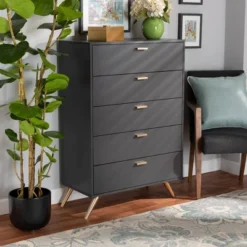 Kelson Wood 5 Drawer Chest Dark Gray/Gold - Baxton Studio -Urban Dwell Gear Outlet Store GUEST ba7266d0 7218 4369 9ffb 827bcc1929d3
