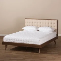 Soloman Mid - Century Modern Fabric And Walnut Finished Wood Platform Bed - Baxton Studio -Urban Dwell Gear Outlet Store GUEST bbc41921 cf39 42a1 97c7 139126416686