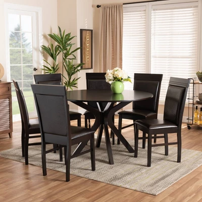 7pc Dining Set Wood And Jeane Faux Leather Upholstered Dark Brown/Espresso Brown - Baxton Studio 6 7pc Dining Set Wood And Jeane Faux Leather Upholstered Dark Brown/Espresso Brown - Baxton Studio - Image 6