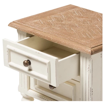 Marquetterie French Provincial Style Weathered Oak Wash Distressed Wood Finish Two - Tone 2 - Drawer And 1 - Shelf Nightstand - White - Baxton Studio 3 Marquetterie French Provincial Style Weathered Oak Wash Distressed Wood Finish Two - Tone 2 - Drawer And 1 - Shelf Nightstand - White - Baxton Studio - Image 3