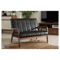 Nikko Mid-Century Modern Scandinavian Style Faux Leather Wooden 2 Seater Loveseat - Baxton Studio -Urban Dwell Gear Outlet Store GUEST cb3dfdc0 3d3e 4e52 ae01 b0acb5368433