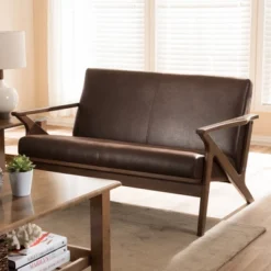 Bianca Mid-Modern Walnut Wood Distressed Faux Leather 2 Seater Loveseat Dark Brown - Baxton Studio -Urban Dwell Gear Outlet Store GUEST cb9850fb ca10 4e42 8bde d6844820136b