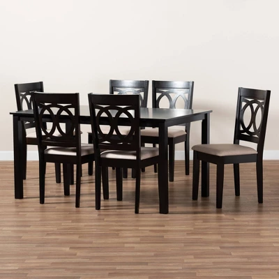7pc Lenoir Upholstered Wood Dining Set Sand Brown/Espresso - Baxton Studio 5 7pc Lenoir Upholstered Wood Dining Set Sand Brown/Espresso - Baxton Studio - Image 5