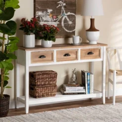 Benedict Two-Tone Wood 3 Drawer Console Table White/Oak - Baxton Studio -Urban Dwell Gear Outlet Store GUEST dc427962 3b5f 485c b446 14f39b8df1d0