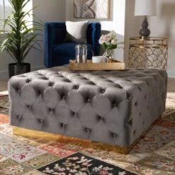Verene Velvet Upholstered Square Cocktail Ottoman Gray/Gold - Baxton Studio -Urban Dwell Gear Outlet Store GUEST dcf1b2f4 f87b 43ae 9d1a 4f6fc546c71d