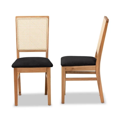 Set Of 2 Idris Fabric Upholstered Rattan Dining Chairs Black/Oak Brown - Baxton Studio 3 Set Of 2 Idris Fabric Upholstered Rattan Dining Chairs Black/Oak Brown - Baxton Studio - Image 3