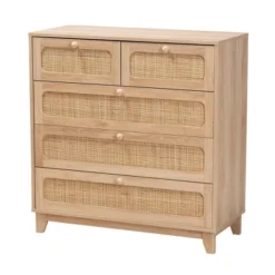 Elsbeth Wood And Natural Rattan 5 Drawer Storage Cabinet Oak Brown/Natural Brown - Baxton Studio