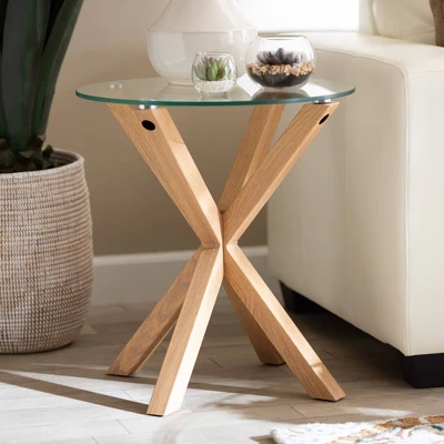 Lida Glass And Wood Finished End Table Clear/Natural - Baxton Studio 3 Lida Glass And Wood Finished End Table Clear/Natural - Baxton Studio - Image 3