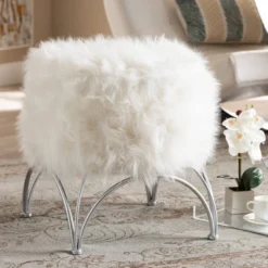 Celia Faux Fur Upholstered Silver Metal Ottoman White/Silver - Baxton Studio -Urban Dwell Gear Outlet Store GUEST fb6abb88 a5b2 40e2 b423 e82a2808b68b
