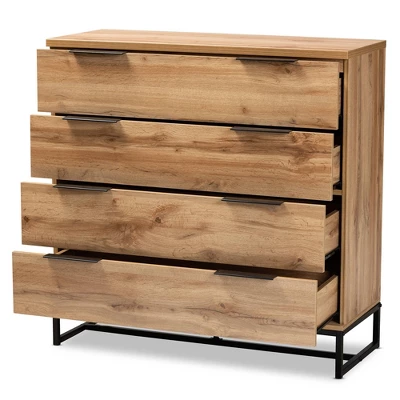 Reid Wood And Metal 4 Drawer Dresser Oak/Black - Baxton Studio 1 Reid Wood And Metal 4 Drawer Dresser Oak/Black - Baxton Studio