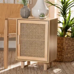 Maclean Rattan Wood 1 Door Nightstand Natural/Brown - Baxton Studio