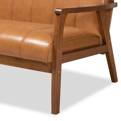 Nikko Mid-Century Faux Leather Upholstered Wood Loveseat Walnut/Brown - Baxton Studio 5 Nikko Mid-Century Faux Leather Upholstered Wood Loveseat Walnut/Brown - Baxton Studio - Image 5